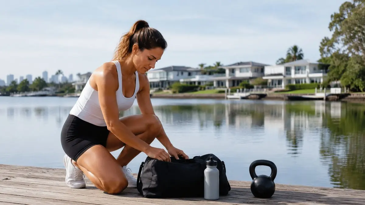 Personal-training planning scene comparing mobile and studio options in Hope Island
